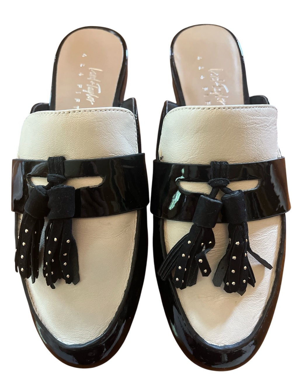 Lord & Taylor Leather Ivory & Black Slip on Mules Slide Loafers Size 6